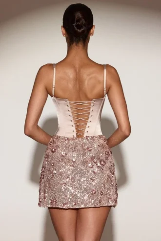 Eira Satin Corset Embellished Skirt Mini Dress in Rose Gold