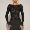 Eirlys Sheer Lace Boat-Neck Mini Dress in Black