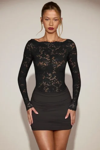 Eirlys Sheer Lace Boat-Neck Mini Dress in Black