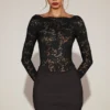 Eirlys Sheer Lace Boat-Neck Mini Dress in Black