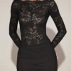 Eirlys Sheer Lace Boat-Neck Mini Dress in Black