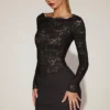 Eirlys Sheer Lace Boat-Neck Mini Dress in Black