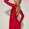 Eirlys Sheer Lace Boat-Neck Mini Dress in True Red
