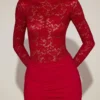 Eirlys Sheer Lace Boat-Neck Mini Dress in True Red