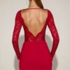 Eirlys Sheer Lace Boat-Neck Mini Dress in True Red
