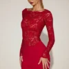 Eirlys Sheer Lace Boat-Neck Mini Dress in True Red