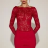 Eirlys Sheer Lace Boat-Neck Mini Dress in True Red