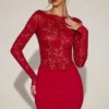 Eirlys Sheer Lace Boat-Neck Mini Dress in True Red