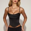 Eirwen Satin Cowl-Neck Lace-Up Corset Top in Black