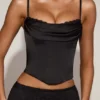 Eirwen Satin Cowl-Neck Lace-Up Corset Top in Black