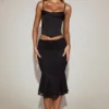 Eirwen Satin Cowl-Neck Lace-Up Corset Top in Black