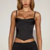 Eirwen Satin Cowl-Neck Lace-Up Corset Top in Black