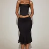 Eirwen Satin Cowl-Neck Lace-Up Corset Top in Black