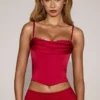 Eirwen Satin Cowl-Neck Lace-Up Corset Top in True Red
