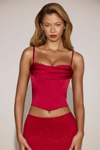 Eirwen Satin Cowl-Neck Lace-Up Corset Top in True Red