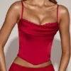 Eirwen Satin Cowl-Neck Lace-Up Corset Top in True Red