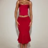 Eirwen Satin Cowl-Neck Lace-Up Corset Top in True Red