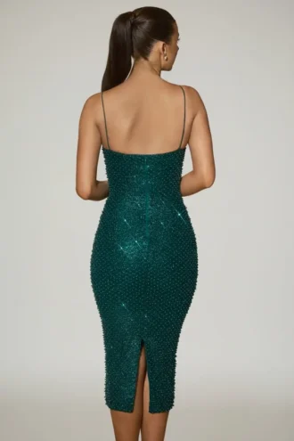 Eisley Embellished Sweetheart-Neck Midi Dress in Teal Green
