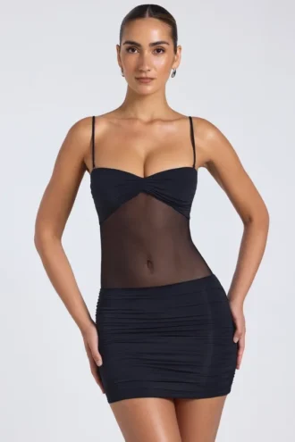 Eislyn Sheer Panelled Ruched Mini Dress in Black