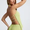 Elania Open-Back Asymmetric Halterneck Top in Olive Green
