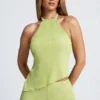 Elania Open-Back Asymmetric Halterneck Top in Olive Green