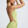 Elania Open-Back Asymmetric Halterneck Top in Olive Green
