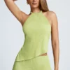 Elania Open-Back Asymmetric Halterneck Top in Olive Green