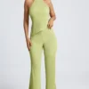 Elania Open-Back Asymmetric Halterneck Top in Olive Green