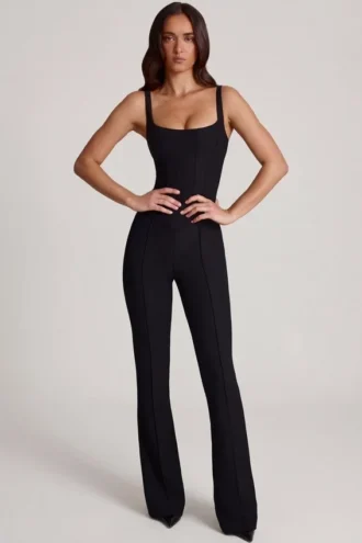 Elanie Scoop-Neck Corset Flared Leg Jumpsuit in Black