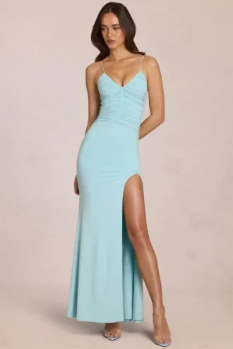 Elanora Deep V-Neck Maxi Dress in Soft Aqua