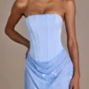 Elara Satin Embellished Skirt Mini Dress in Sky Blue