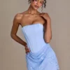 Elara Satin Embellished Skirt Mini Dress in Sky Blue
