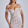 Eleonora Sheer Lace A-Line Mini Dress in Ivory