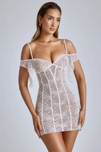Eleonora Sheer Lace A-Line Mini Dress in Ivory