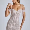Eleonora Sheer Lace A-Line Mini Dress in Ivory
