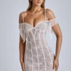 Eleonora Sheer Lace A-Line Mini Dress in Ivory