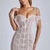 Eleonora Sheer Lace A-Line Mini Dress in Ivory
