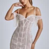 Eleonora Sheer Lace A-Line Mini Dress in Ivory