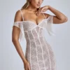 Eleonora Sheer Lace A-Line Mini Dress in Ivory