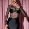 Eliette Long-Sleeve Lace-Panel Draped Bodycon Mini Dress in Black
