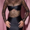 Eliette Long-Sleeve Lace-Panel Draped Bodycon Mini Dress in Black
