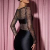 Eliette Long-Sleeve Lace-Panel Draped Bodycon Mini Dress in Black