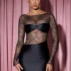 Eliette Long-Sleeve Lace-Panel Draped Bodycon Mini Dress in Black