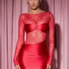 Eliette Long-Sleeve Lace-Panel Draped Bodycon Mini Dress in Red