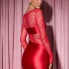 Eliette Long-Sleeve Lace-Panel Draped Bodycon Mini Dress in Red