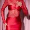 Eliette Long-Sleeve Lace-Panel Draped Bodycon Mini Dress in Red