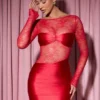 Eliette Long-Sleeve Lace-Panel Draped Bodycon Mini Dress in Red