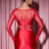 Eliette Long-Sleeve Lace-Panel Draped Bodycon Mini Dress in Red