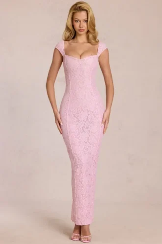Elisa Sweetheart-Neck Maxi Dress in Blossom Pink