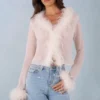Elisia Feather Trim Sheer Top in Ivory